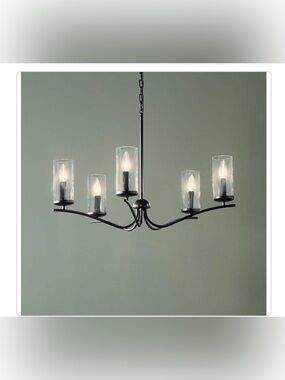 New Kichler Thorna Five-Light Black Metal Chandelier with Clear Glass Shades